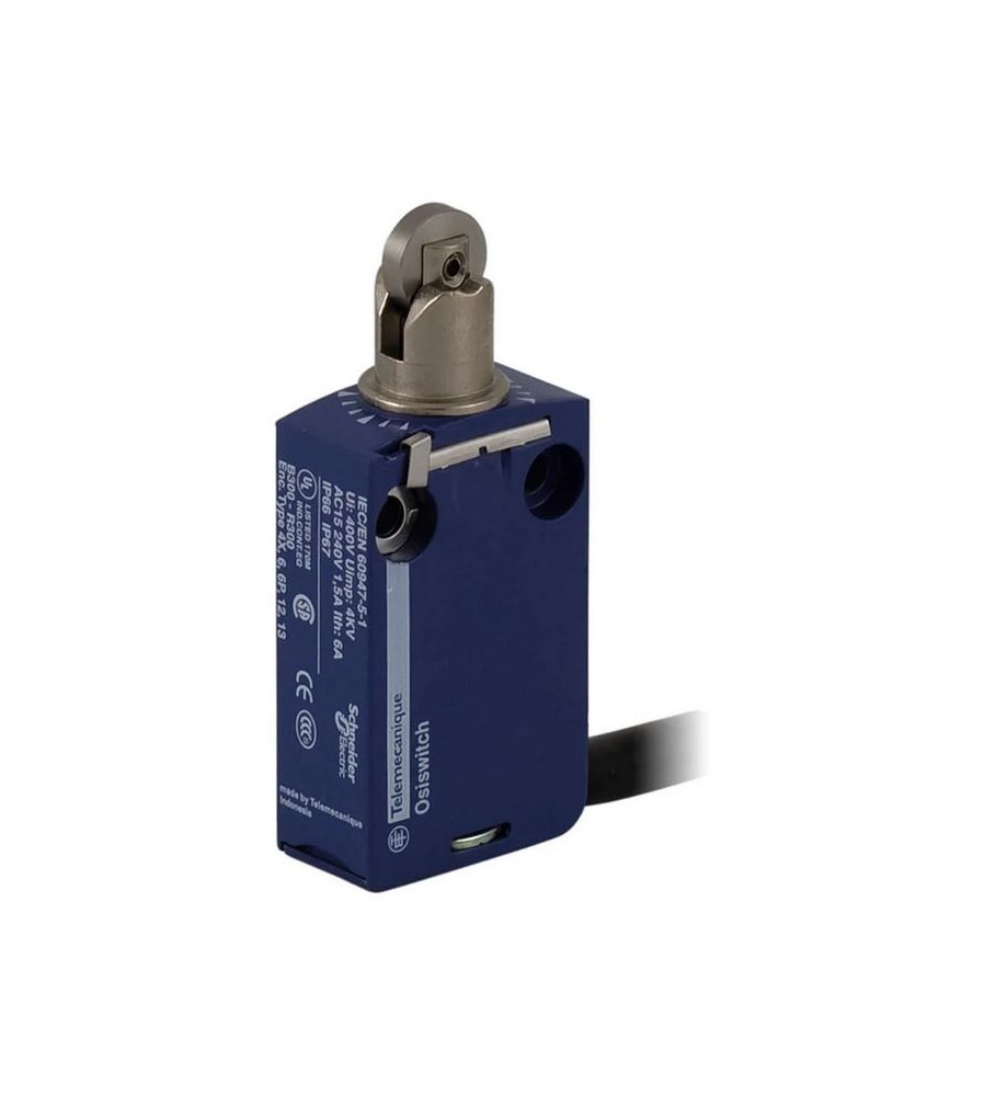 Łącznik krańcowy miniaturowy, trzpień z rolką stalową, snap action, 1NO+1NC, z przewodem 1m, IP66, IK06