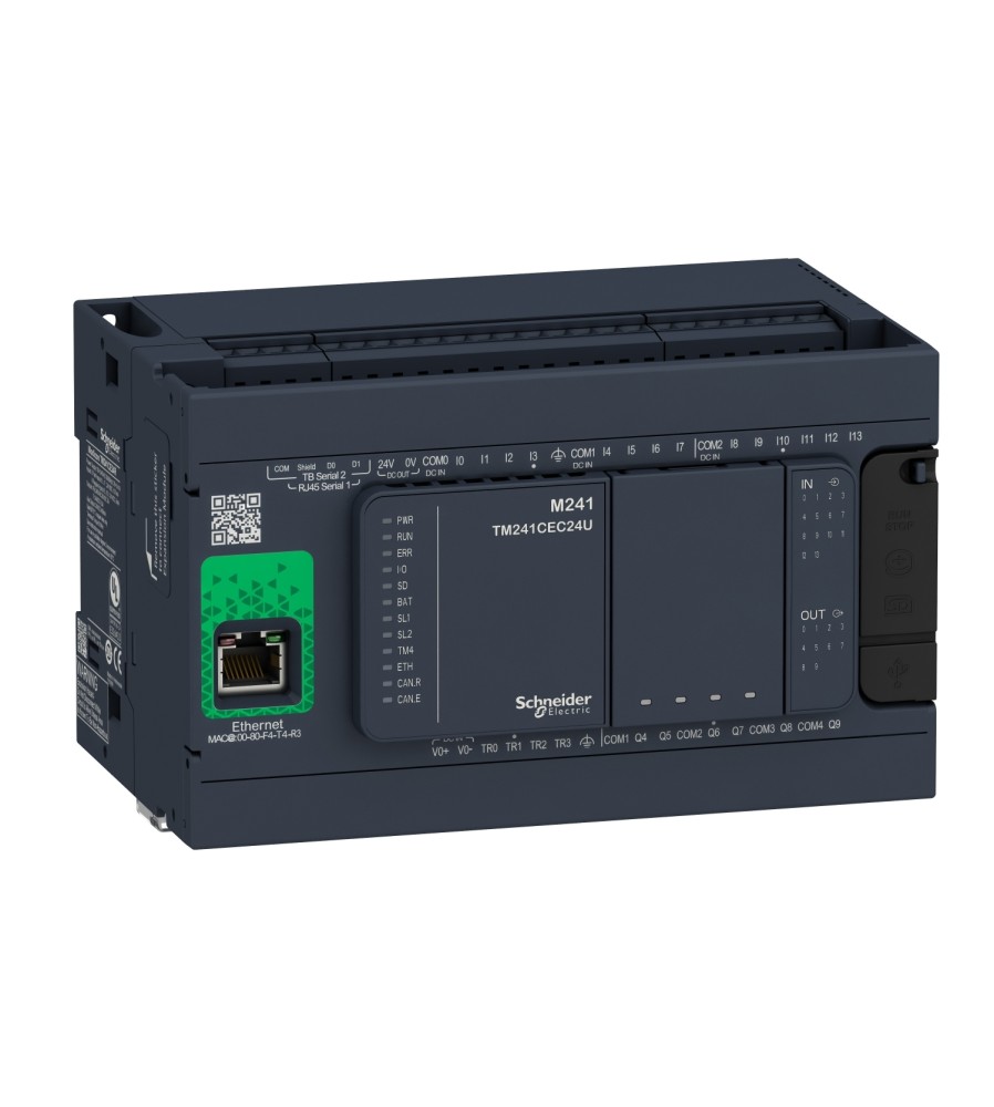 Modicon M241, sterownik, RJ45, Ethernet, 14 wejść, 4 wyjścia tranzystorowe PNP, 6 wyjść przekaźnikowych, 100...240 VAC
