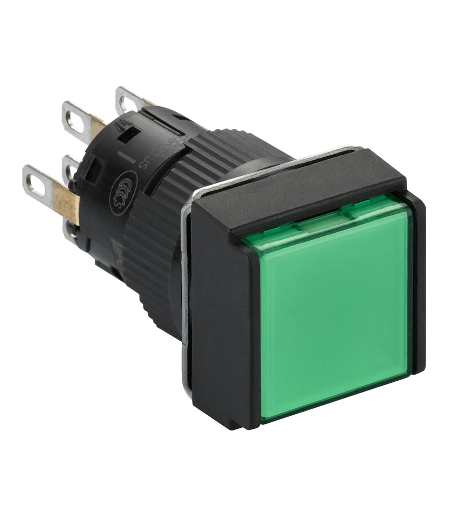 Przycisk płaski zielony samopowrotny LED 24V 1NO kwadratowy plastikowy