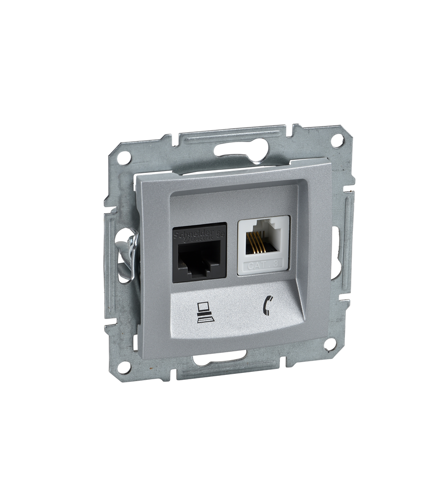 Sedna, gniazdo telefoniczne RJ11+komputerowe kat.5e UTP, aluminium